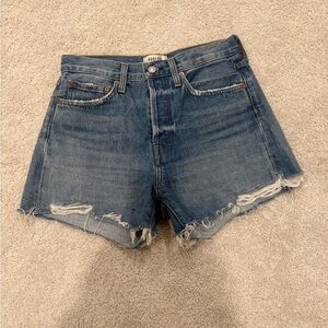 Agolde Parker High-Rise Frayed Hem Denim Shorts in Medium Blue